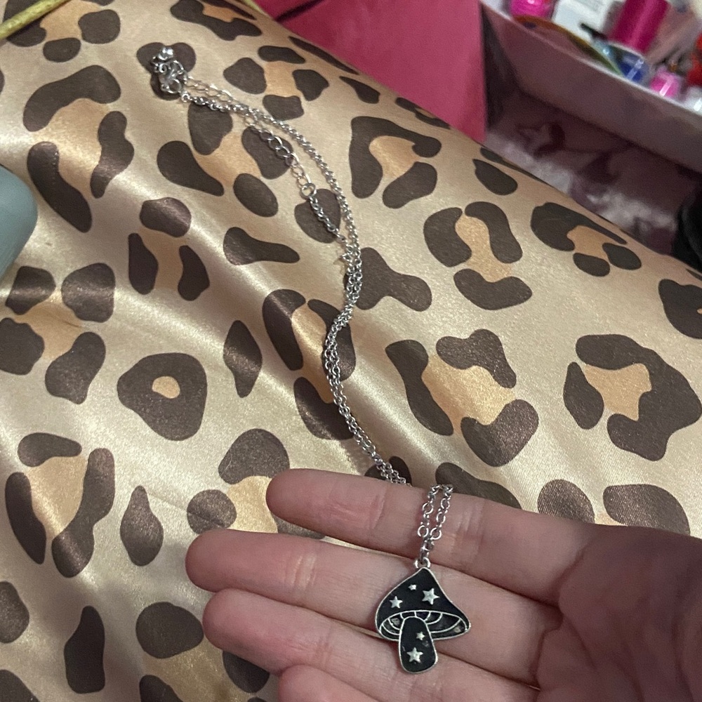 silver + black mushroom pendant necklace